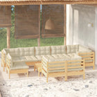 10-Tlg. Garten-Lounge-Set Mit Grauen Kissen Kiefer Massivholz