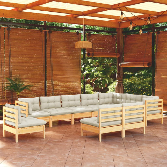 10-Tlg. Garten-Lounge-Set Mit Grauen Kissen Kiefer Massivholz