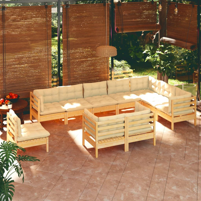 10-Tlg. Garten-Lounge-Set Mit Grauen Kissen Kiefer Massivholz