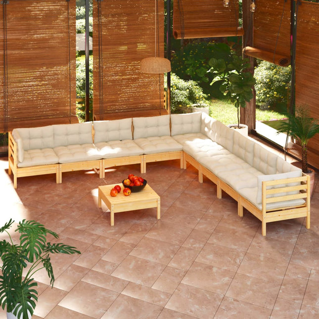 10-Tlg. Garten-Lounge-Set Mit Grauen Kissen Kiefer Massivholz