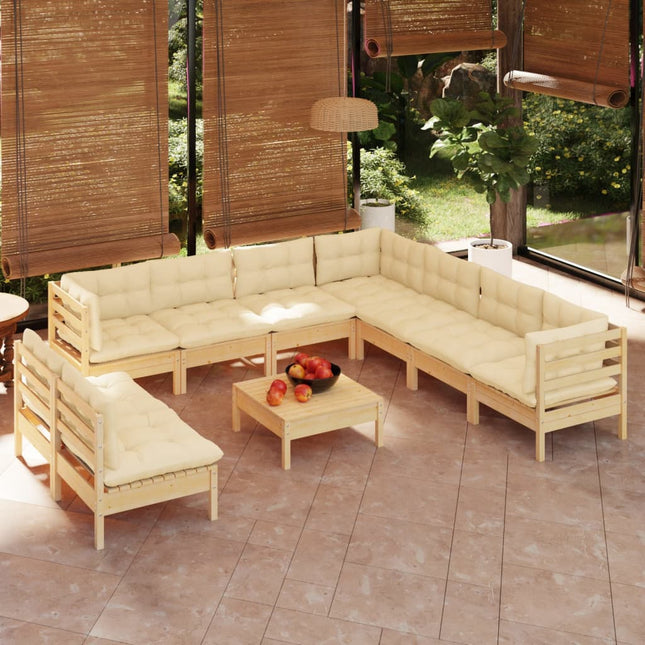 10-Tlg. Garten-Lounge-Set Mit Grauen Kissen Massivholz Kiefer