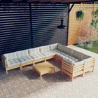 10-Tlg. Garten-Lounge-Set Mit Grauen Kissen Kiefernholz