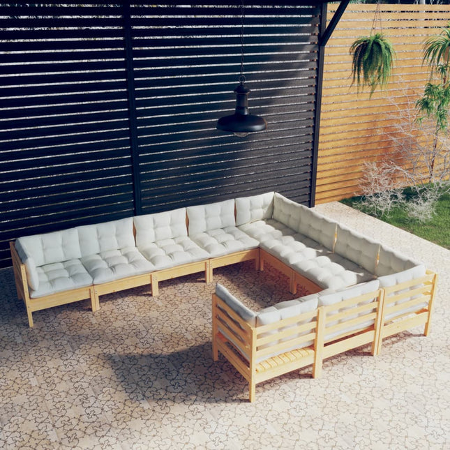 10-Tlg. Garten-Lounge-Set Mit Grauen Kissen Kiefernholz