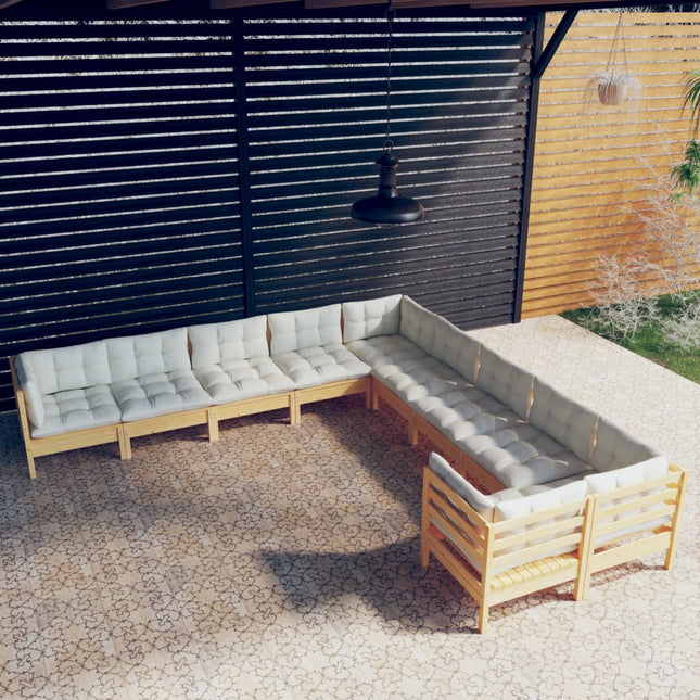 10-Tlg. Garten-Lounge-Set Mit Grauen Kissen Kiefernholz