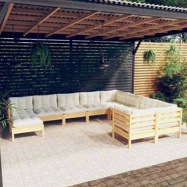 10-Tlg. Garten-Lounge-Set Mit Grauen Kissen Kiefernholz