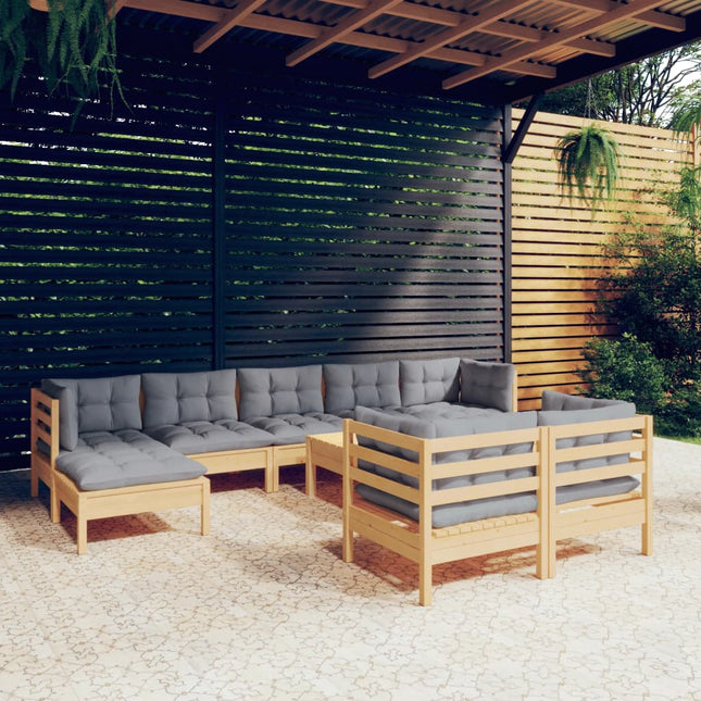 10-Tlg. Garten-Lounge-Set Mit Grauen Kissen Kiefer Massivholz