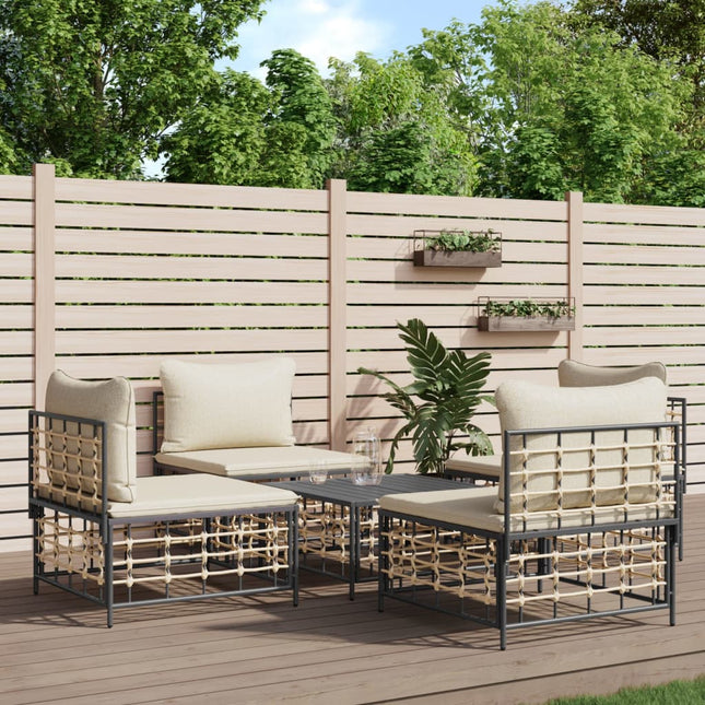 5-Tlg. Garten-Lounge-Set Mit Kissen Anthrazit Poly Rattan - Moebelbox24.de