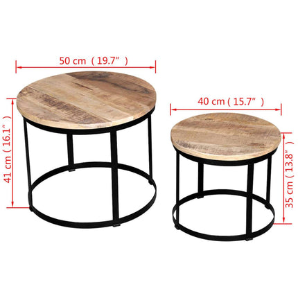 2-Tlg. Couchtisch-Set Raues Mangoholz Rund 40Cm/50Cm